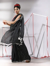 Handloom Cotton Checks Saree - Black