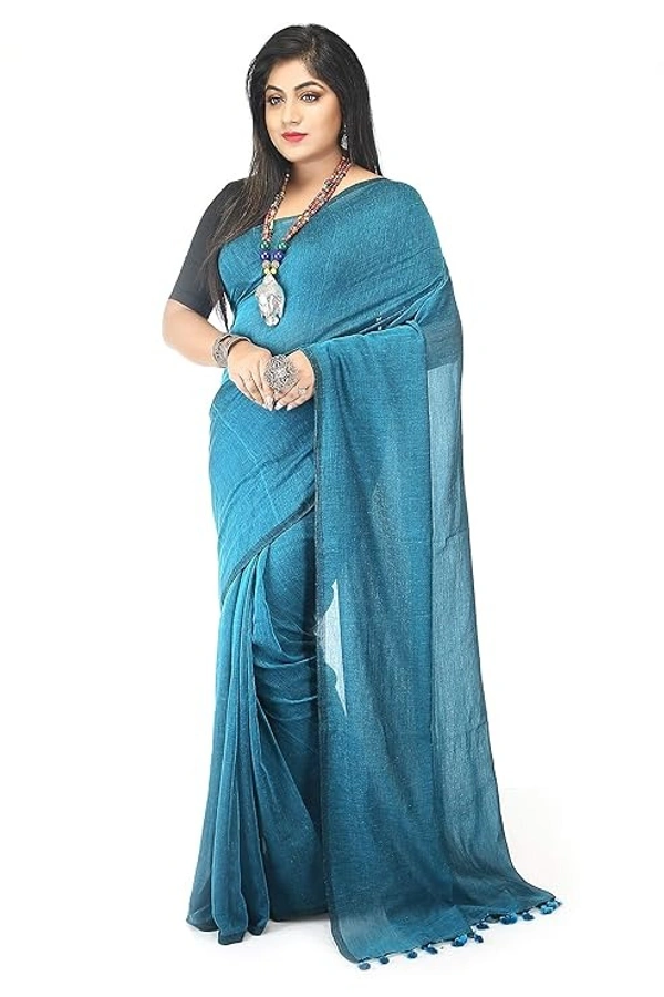 Handloom Solid Color Pompom Saree - Cyan Aqua