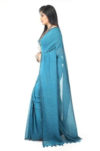 Handloom Solid Color Pompom Saree - Cyan Aqua