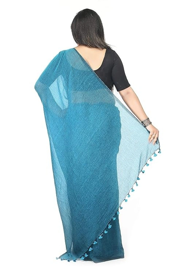 Handloom Solid Color Pompom Saree - Cyan Aqua