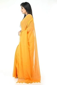 Handloom Solid Color Pompom Saree - Gold Yellow