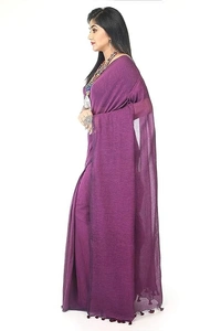 Handloom Solid Color Pompom Saree - Purple