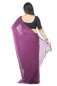 Handloom Solid Color Pompom Saree - Purple