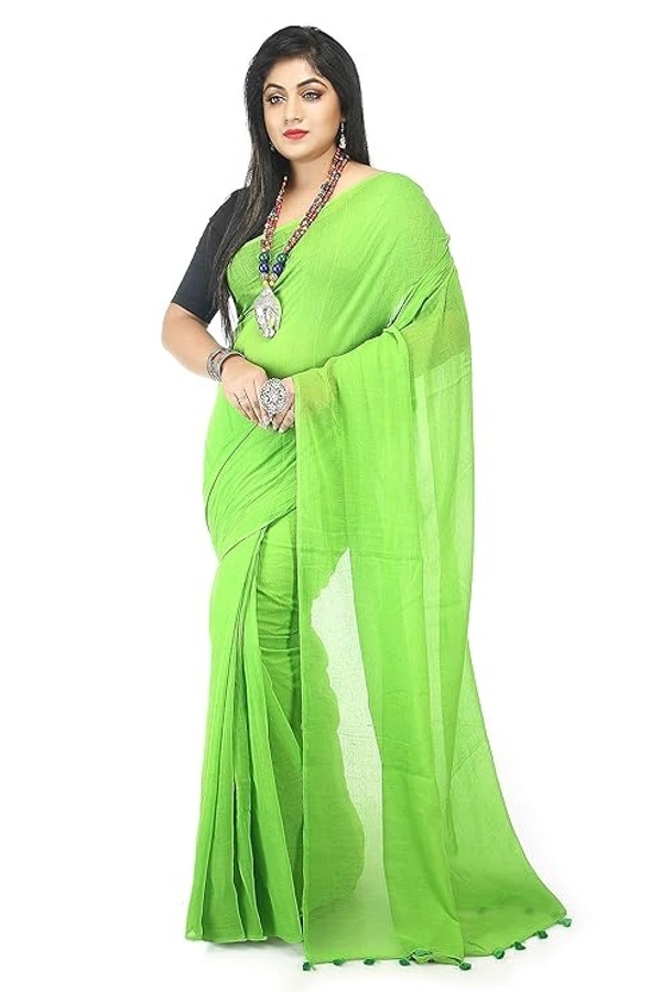 Handloom Solid Color Pompom Saree - Green