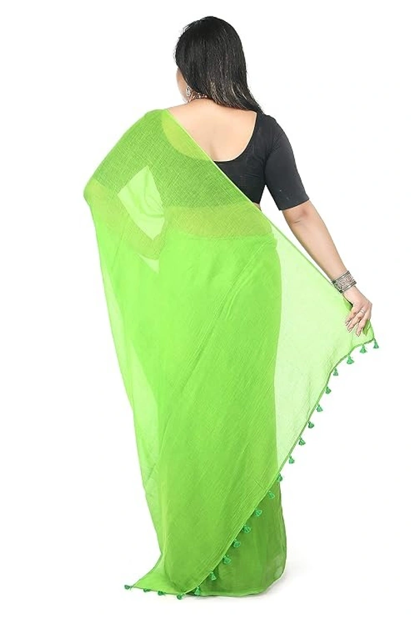 Handloom Solid Color Pompom Saree - Green