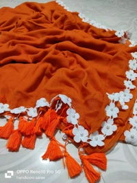 Floral Lace Border Mul Cotton Saree  - Tangerine