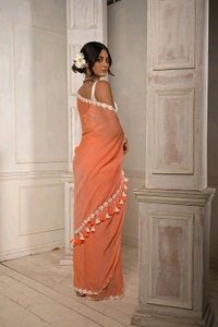 Floral Lace Border Mul Cotton Saree  - Yellow Orange