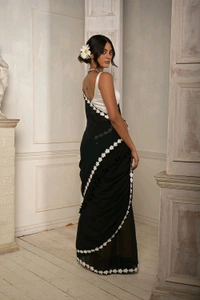 Floral Lace Border Mul Cotton Saree  - Black