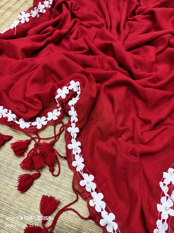 Floral Lace Border Mul Cotton Saree  - Red