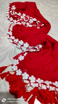Floral Lace Border Mul Cotton Saree  - Red