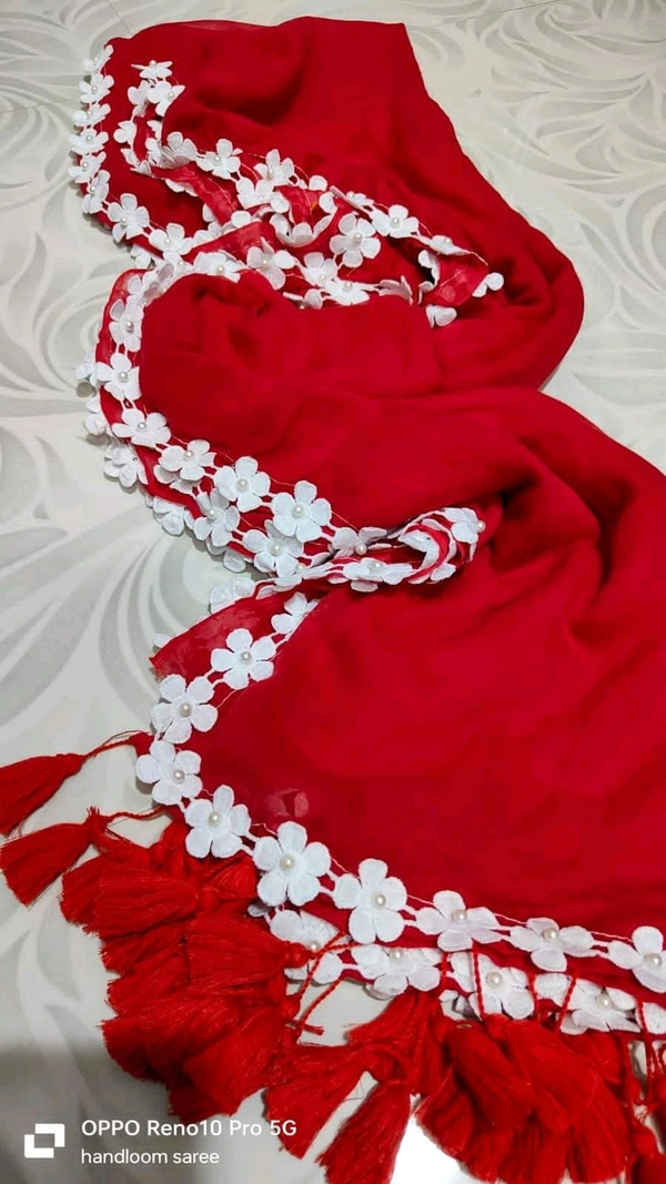 Floral Lace Border Mul Cotton Saree  - Red