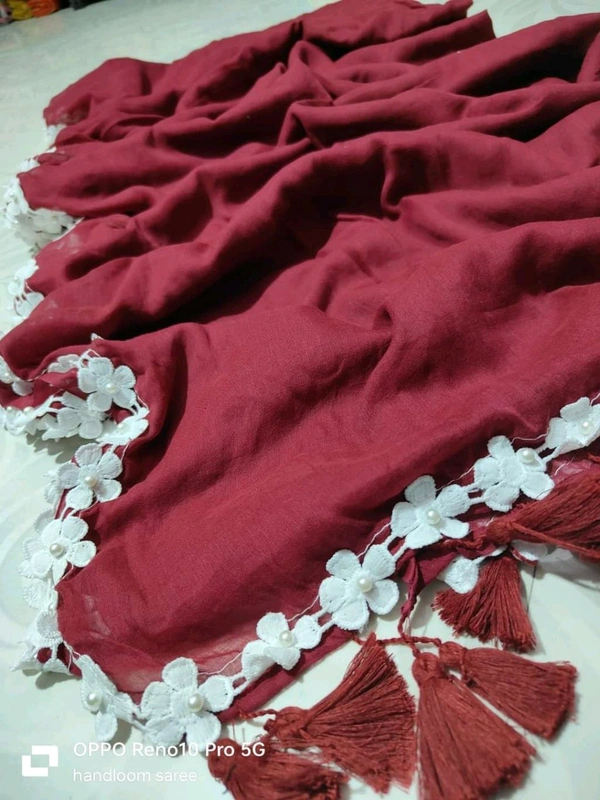 Floral Lace Border Mul Cotton Saree  - Red
