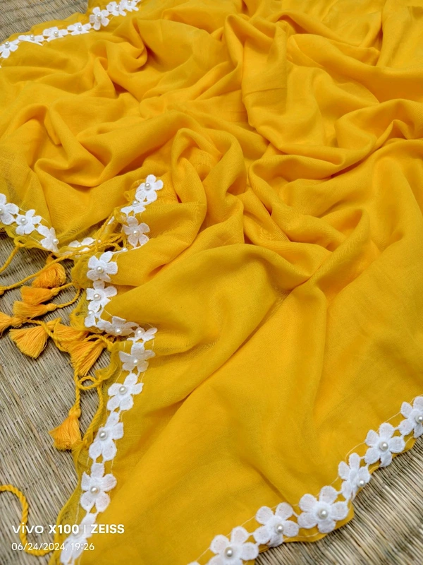 Floral Lace Border Mul Cotton Saree  - Yellow