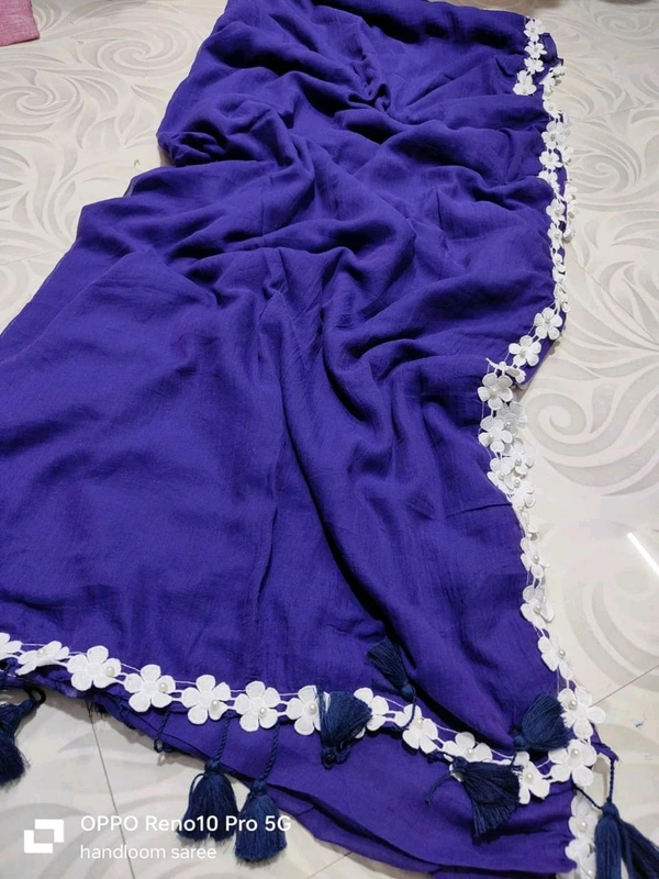 Floral Lace Border Mul Cotton Saree  - Blue