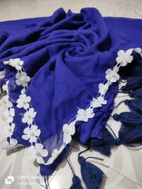 Floral Lace Border Mul Cotton Saree  - Blue