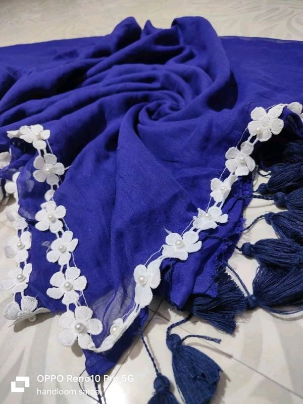 Floral Lace Border Mul Cotton Saree  - Blue