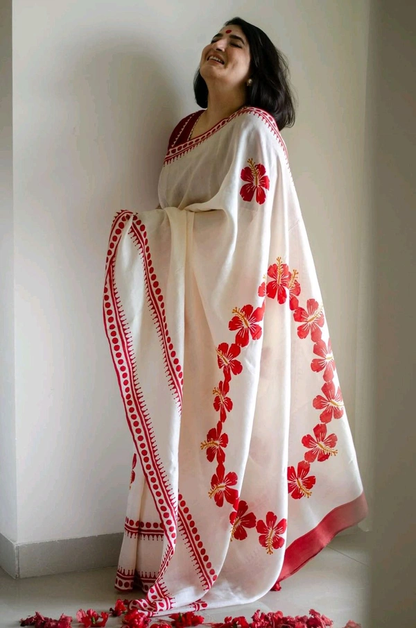 Floral Hand Block Cotton Saree With Red BP - White, Mix Cotton