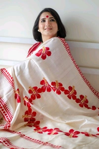 Floral Hand Block Cotton Saree With Red BP - White, Mix Cotton