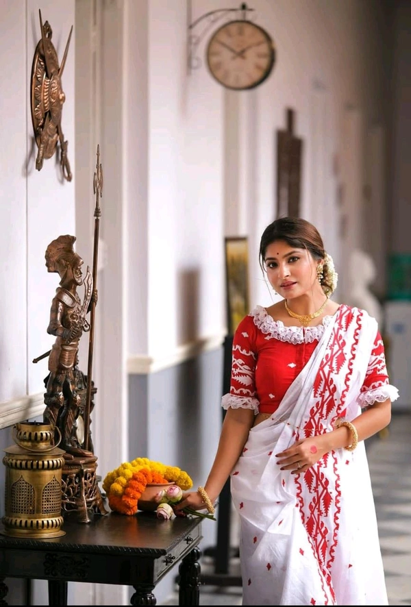Embroiderd Jamdani Border Cotton Saree  - White