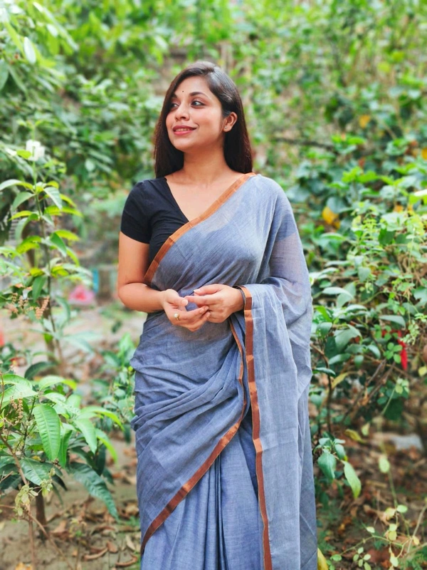 Copper Zari Border Cotton Saree  - Gray, Cotton