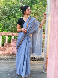 Copper Zari Border Cotton Saree  - Gray, Cotton