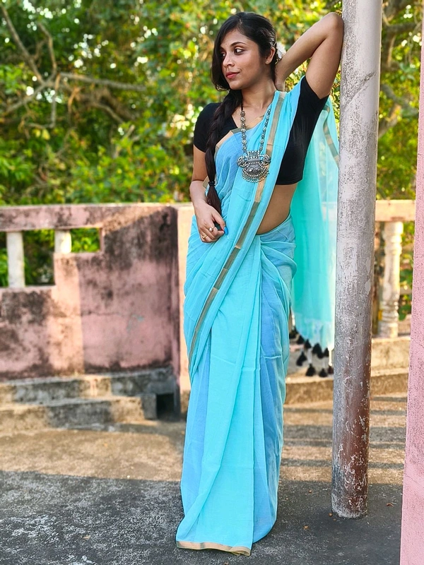 Copper Zari Border Cotton Saree  - Aqua, Mul Cotton
