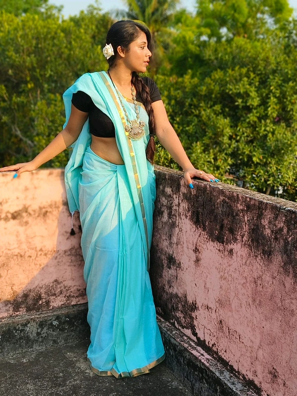Copper Zari Border Cotton Saree  - Aqua, Mul Cotton