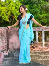 Copper Zari Border Cotton Saree  - Aqua, Mul Cotton