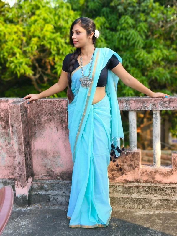 Copper Zari Border Cotton Saree  - Aqua, Mul Cotton
