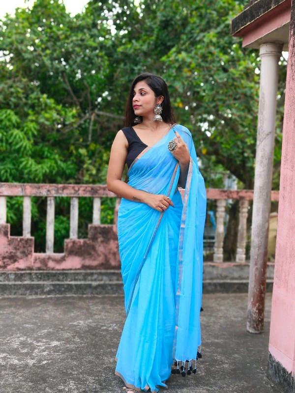 Copper Zari Border Cotton Saree  - Turquoise, Cotton