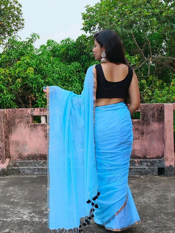 Copper Zari Border Cotton Saree  - Turquoise, Cotton