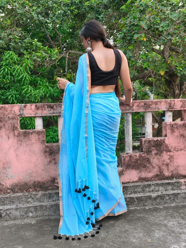 Copper Zari Border Cotton Saree  - Turquoise, Cotton