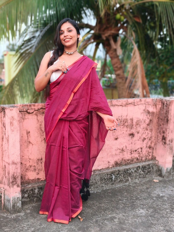 Copper Zari Border Cotton Saree  - Maroon, Mul Cotton