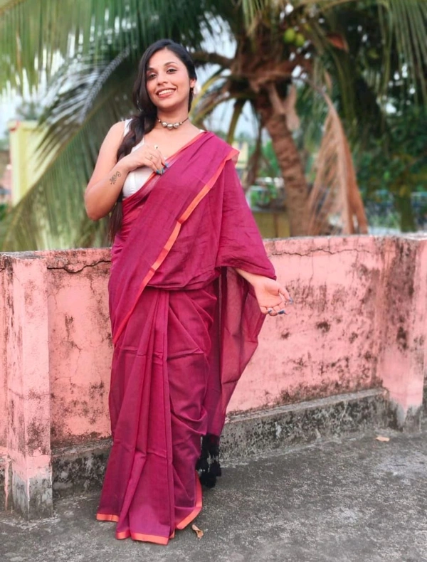 Copper Zari Border Cotton Saree  - Maroon, Mul Cotton