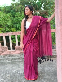 Copper Zari Border Cotton Saree  - Maroon, Mul Cotton