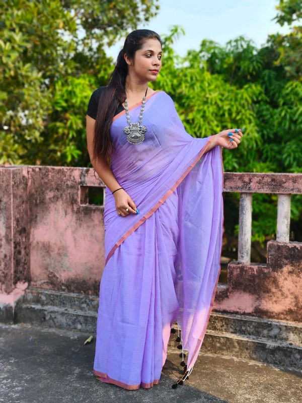 Copper Zari Border Cotton Saree  - Lavender, Mul Cotton