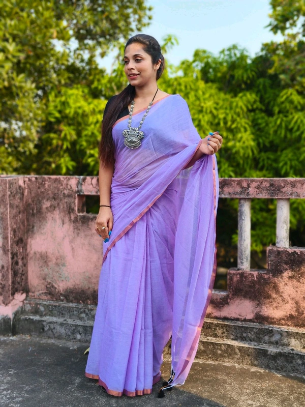 Copper Zari Border Cotton Saree  - Lavender, Mul Cotton