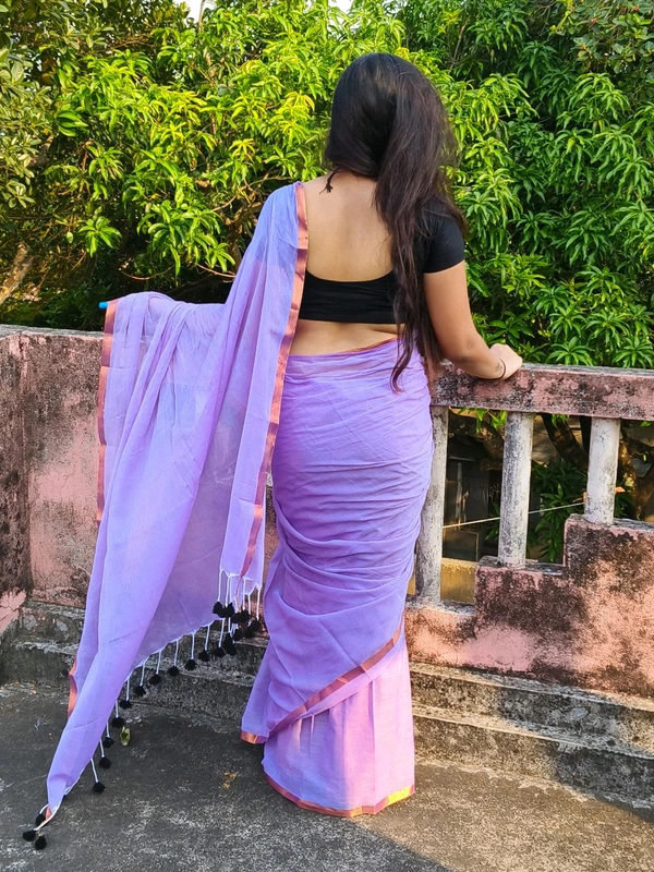 Copper Zari Border Cotton Saree  - Lavender, Mul Cotton