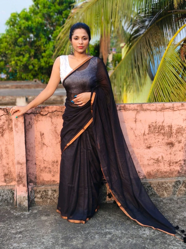 Copper Zari Border Cotton Saree  - Black, Mul Cotton
