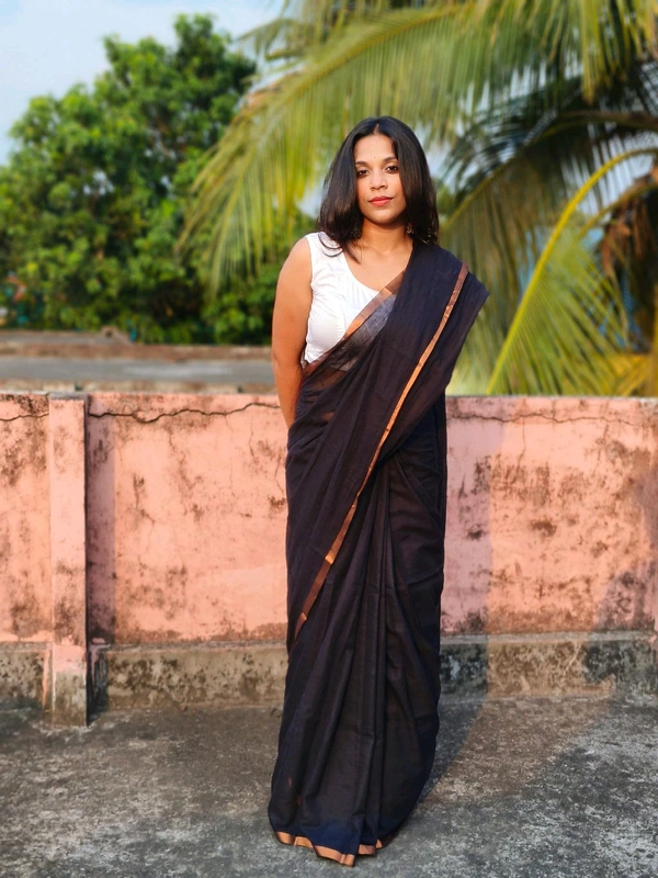 Copper Zari Border Cotton Saree  - Black, Mul Cotton