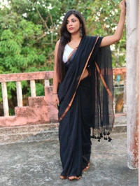 Copper Zari Border Cotton Saree  - Black, Mul Cotton