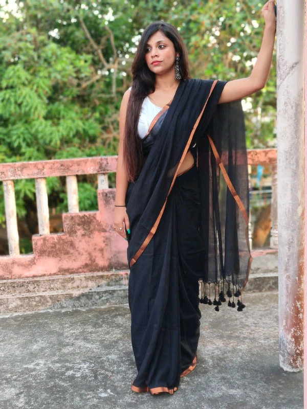 Copper Zari Border Cotton Saree  - Black, Mul Cotton