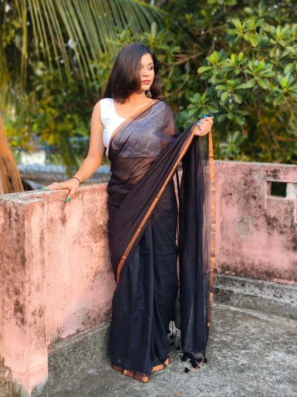 Copper Zari Border Cotton Saree  - Black, Mul Cotton