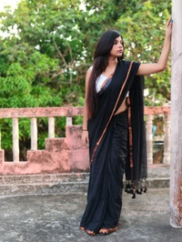 Copper Zari Border Cotton Saree  - Black, Mul Cotton