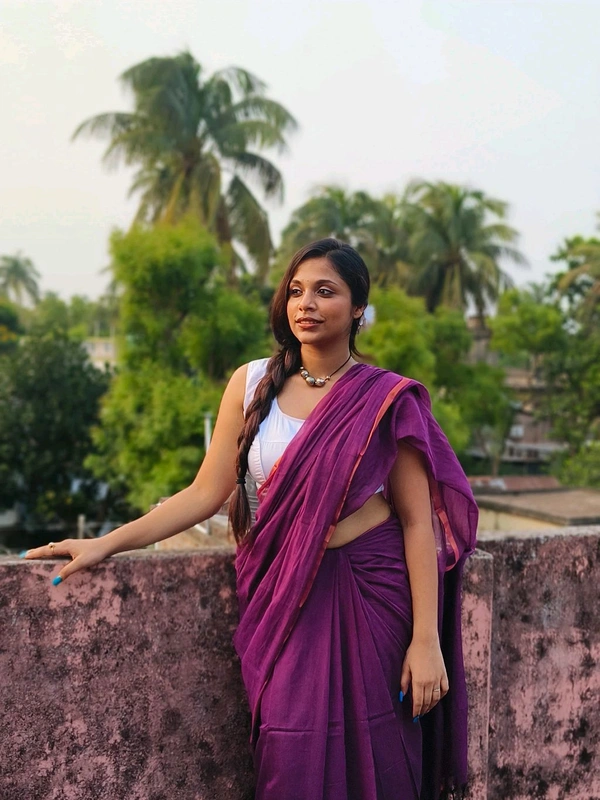 Copper Zari Border Cotton Saree  - Purple, Mul Cotton
