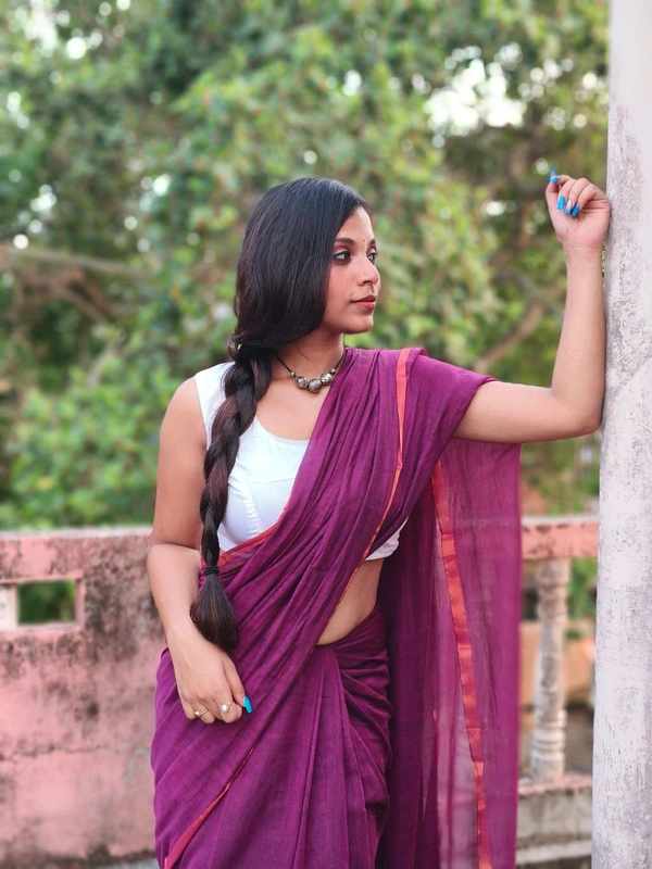 Copper Zari Border Cotton Saree  - Purple, Mul Cotton