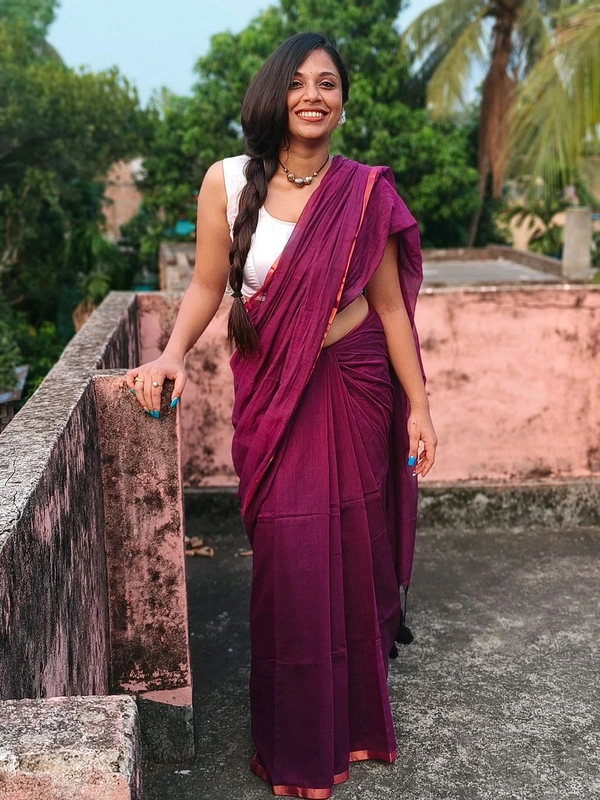 Copper Zari Border Cotton Saree  - Purple, Mul Cotton