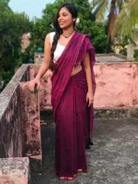 Copper Zari Border Cotton Saree  - Purple, Mul Cotton