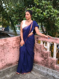 Copper Zari Border Cotton Saree  - Blue, Mul Cotton