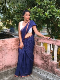 Copper Zari Border Cotton Saree  - Blue, Mul Cotton